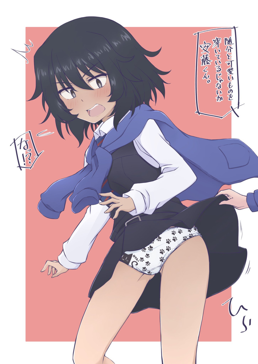 andou_(girls_und_panzer) bangs bc_freedom_school_uniform black_hair blue_sweater dark_skin girls_und_panzer girls_und_panzer_saishuushou hair_ornament hazuki_haru highres long_sleeves medium_hair messy_hair necktie open_mouth panties paw_print_pattern pink_hair school_uniform shirt skirt skirt_lift sweater sweater_around_neck translation_request underwear