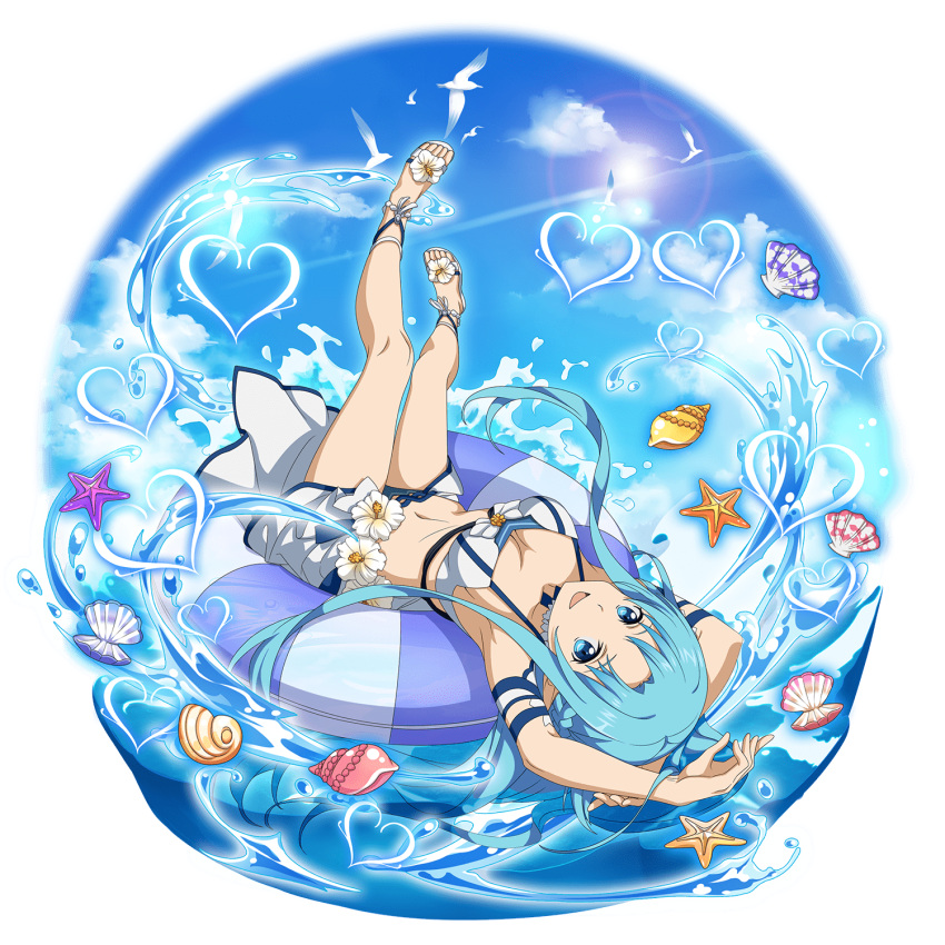 1girl :d arm_behind_head arm_strap arms_up asuna_(sao-alo) bikini blue_eyes blue_hair breasts cleavage day floating_hair full_body heart highres innertube legs_up long_hair looking_at_viewer looking_back lying medium_breasts navel official_art on_back open_mouth outdoors shiny shiny_hair showgirl_skirt smile solo swimsuit sword_art_online sword_art_online:_code_register transparent_background very_long_hair water white_bikini