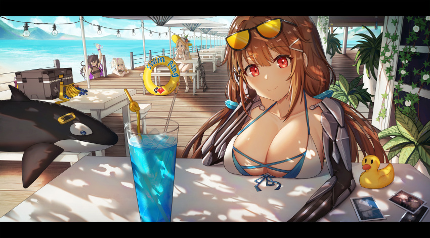 4girls absurdres aer7o ak_5_(girls_frontline) banana bangs beach bendy_straw bikini boardwalk box breast_rest breasts brown_hair chin_rest collarbone cup dappled_sunlight drinking_glass drinking_straw eyewear_on_head food front-tie_bikini front-tie_top fruit girls_frontline gun hair_ornament hairclip highres inflatable_toy inflatable_whale ivy js_9_(girls_frontline) kac-pdw_(girls_frontline) large_breasts letterboxed long_hair looking_at_viewer low_twintails mechanical_arms multiple_girls ocean outdoors parasol photo_(object) picnic_table plant potted_plant pov_across_table pp-19_(girls_frontline) red_eyes rubber_duck sitting smile solo_focus stirring_rod string_of_light_bulbs summer sunglasses sunlight swimsuit table twintails umbrella very_long_hair weapon wind_chime wooden_floor yellow-tinted_eyewear