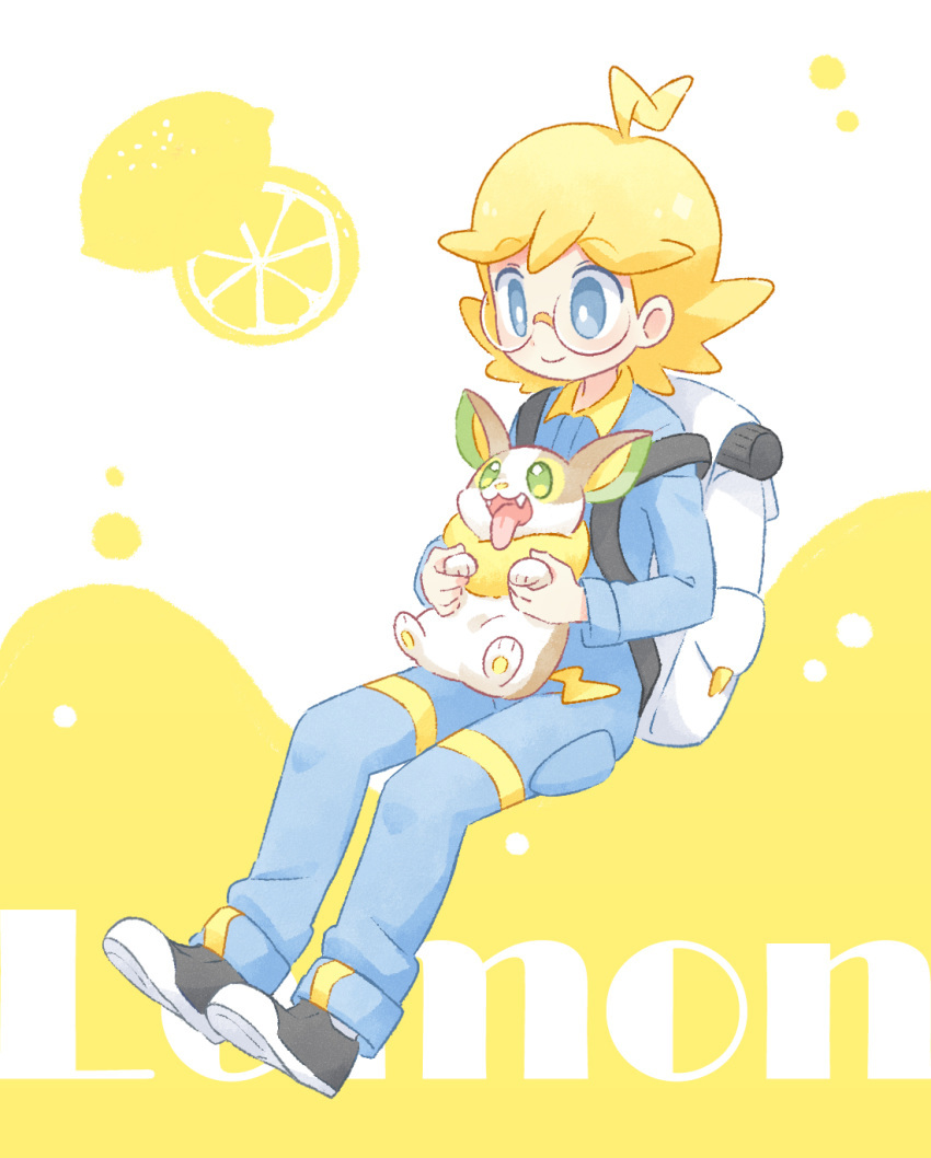 1boy ahoge akasaka_(qv92612) backpack bag bangs blonde_hair blue_eyes blue_jumpsuit closed_mouth commentary_request food fruit gen_8_pokemon glasses happy highres holding holding_pokemon lemon long_sleeves looking_down on_lap pokemon pokemon_(creature) pokemon_(game) pokemon_on_lap pokemon_xy semi-rimless_eyewear shoes smile white_backpack yamper