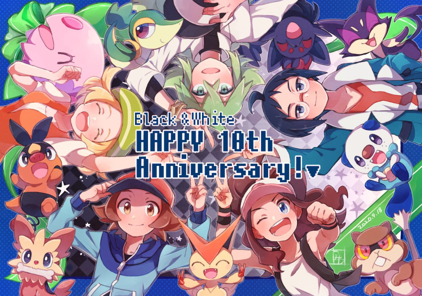 2girls 3boys ;d ahoge aoya_(ayoyame18) arm_up bianca_(pokemon) black_hair black_vest blonde_hair blue_eyes blue_jacket bone brown_hair cheren_(pokemon) clenched_hand closed_eyes closed_mouth commentary_request gen_5_pokemon glasses green_eyes green_hair green_headwear hand_on_headwear hand_up hat hilbert_(pokemon) hilda_(pokemon) jacket lillipup long_sleeves mouth_hold multiple_boys multiple_girls munna mythical_pokemon n_(pokemon) one_eye_closed open_mouth oshawott patrat pokemon pokemon_(game) pokemon_bw purrloin shirt sleeveless sleeveless_shirt smile snivy teeth tepig tongue v vest victini white_shirt wristband zorua