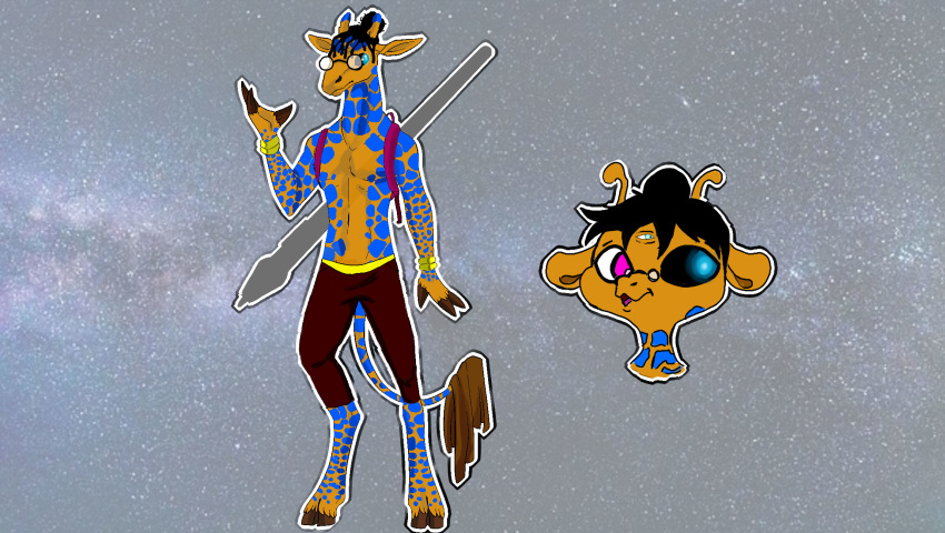 animal_humanoid anthro bottomwear clothed clothing fur furgonomics furry_prince giraffe giraffe_humanoid giraffid giraffid_humanoid hair hi_res horn humanoid looking_at_viewer male mammal mammal_humanoid open_mouth simple_background smile solo solo_focus