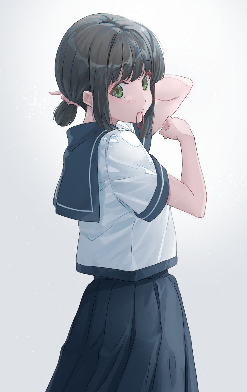 1girl absurdres ao_iro arm_up bangs black_sailor_collar black_skirt closed_mouth cowboy_shot eyebrows_visible_through_hair from_side fubuki_(kantai_collection) gradient gradient_background green_eyes grey_background hair_tie hand_up highres kantai_collection looking_at_viewer looking_to_the_side mouth_hold pleated_skirt sailor_collar school_uniform serafuku shirt short_hair short_ponytail short_sleeves sidelocks skirt smile solo tying_hair white_shirt