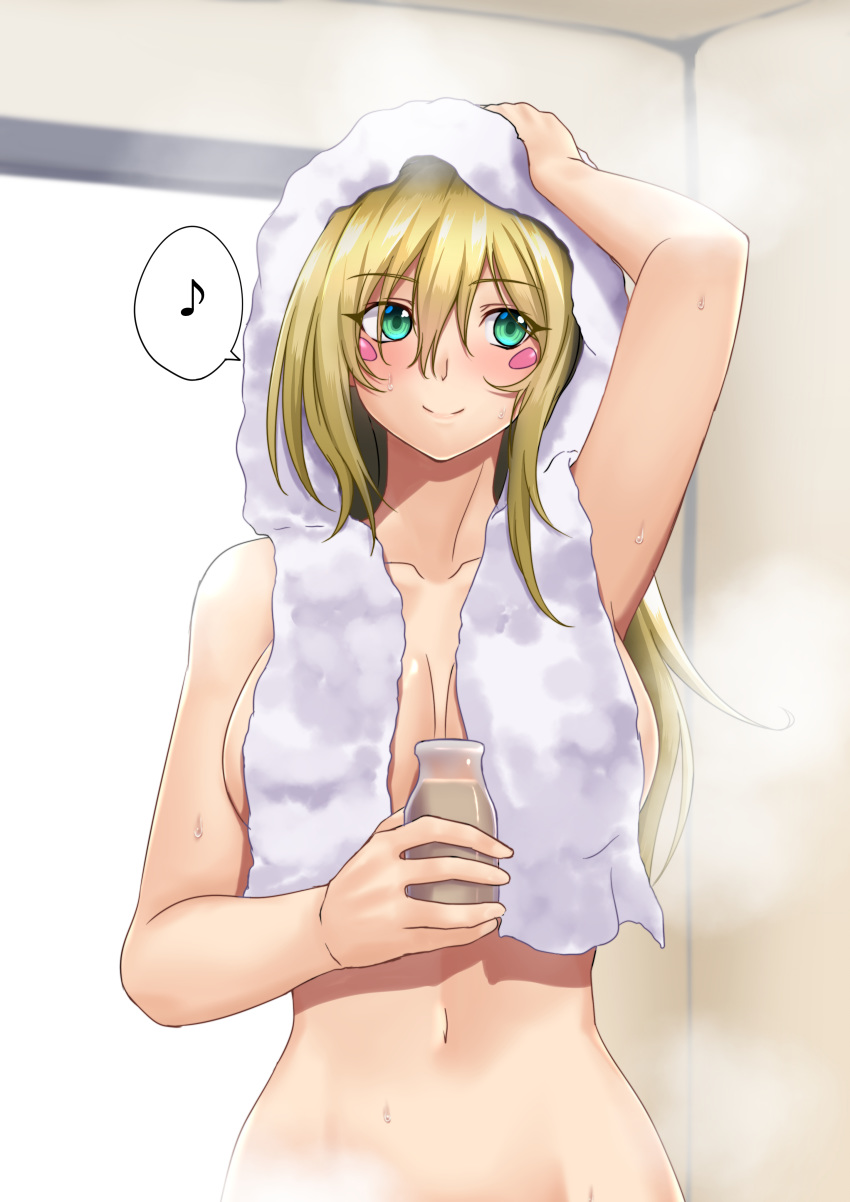 1girl absurdres aqua_eyes blonde_hair blush blush_stickers bottle breasts coffee_milk convenient_censoring dark_magician_girl drying drying_hair duel_monster dutch_angle hand_on_own_head highres large_breasts milk_bottle musical_note muto_dt navel nude smile solo speech_bubble steam towel towel_on_head yuu-gi-ou yuu-gi-ou_duel_monsters