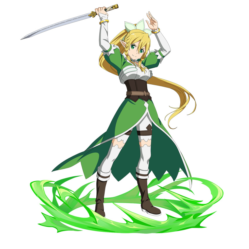 1girl arms_up bangs black_footwear blonde_hair boots bracelet braid bustier closed_mouth detached_sleeves floating_hair green_eyes green_skirt hair_between_eyes hair_ornament head_tilt high_ponytail highres holding holding_sword holding_weapon jewelry leafa long_hair long_sleeves looking_at_viewer official_art shiny shiny_hair shorts shorts_under_skirt skirt smile solo sword sword_art_online sword_art_online:_code_register thighhighs transparent_background twin_braids very_long_hair weapon white_legwear white_shorts white_sleeves