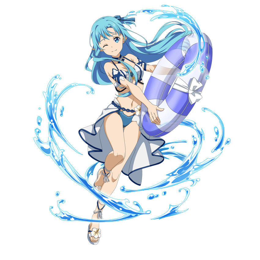 1girl ;) arm_strap asuna_(sao-alo) bikini blue_bikini blue_eyes blue_hair blue_ribbon breasts choker cleavage closed_mouth collarbone floating_hair full_body hair_ribbon highres innertube long_hair looking_at_viewer medium_breasts mismatched_bikini navel official_art one_eye_closed pointy_ears ribbon shiny shiny_hair showgirl_skirt smile solo standing standing_on_one_leg swimsuit sword_art_online sword_art_online:_code_register transparent_background very_long_hair white_bikini