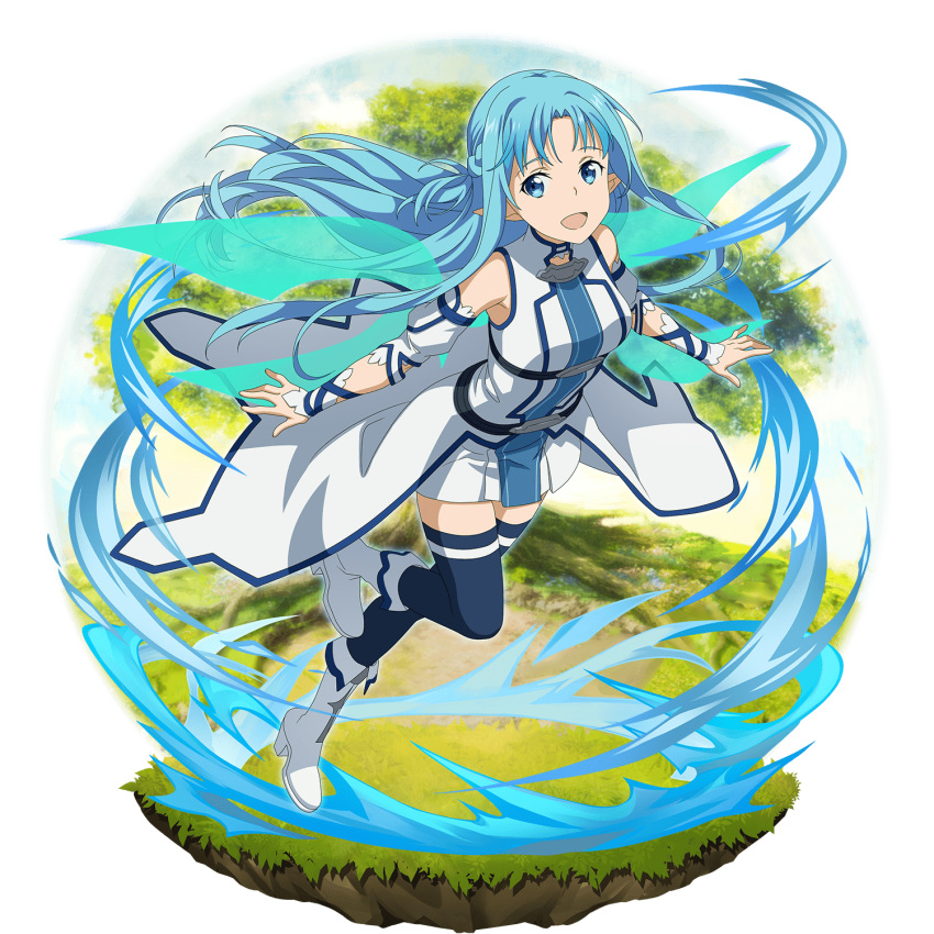 1girl :d asuna_(sao-alo) blue_dress blue_eyes blue_hair blue_legwear blue_ribbon blue_wings boots braid detached_sleeves dress faux_figurine floating_hair flying french_braid full_body highres leg_up long_hair looking_at_viewer multiple_wings official_art open_mouth pleated_dress pointy_ears ribbon shiny shiny_hair short_dress short_sleeves smile solo sword_art_online sword_art_online:_code_register thighhighs transparent_background two-tone_dress very_long_hair waist_cape white_dress white_footwear white_sleeves wings zettai_ryouiki