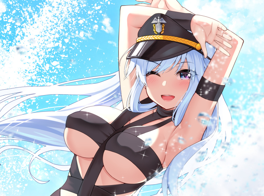 1girl ;d alternate_costume arm_strap armpits arms_up azur_lane black_headwear blue_hair blush breasts dutch_angle emblem enterprise_(azur_lane) hot_limit large_breasts long_hair looking_at_viewer one_eye_closed open_mouth purple_eyes revealing_clothes smile solo sparkle splashing t.m.revolution takurowo underboob upper_body very_long_hair visor_cap water