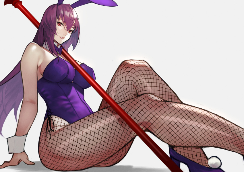 1girl absurdres animal_ears bangs blush breasts bunny_ears bunnysuit detached_collar fake_animal_ears fate/grand_order fate_(series) fishnet_legwear fishnets gae_bolg hair_between_eyes high_heels highleg highleg_leotard highres large_breasts leotard long_hair looking_at_viewer pantyhose parted_lips polearm purple_hair purple_leotard red_eyes scathach_(fate)_(all) scathach_(fate/grand_order) sitting spear thighs weapon wrist_cuffs yoshio_(55level)