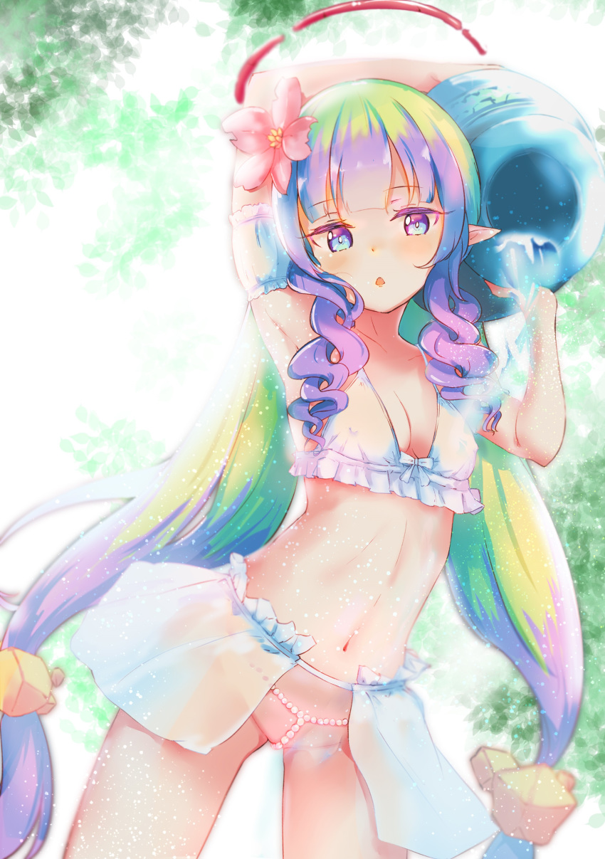 1girl absurdres ameth_(princess_connect!) arm_up armpits bare_shoulders bikini bikini_skirt blue_eyes blurry blurry_background blush bow bow_bikini breasts chestnut_mouth chocomoch cleavage collarbone covered_nipples cowboy_shot droplet eyebrows_visible_through_hair flower frilled_bikini frills green_hair highres jar leaf long_hair low_twintails multicolored_hair navel open_mouth pearl_thong pink_flower pointy_ears pouring princess_connect! princess_connect!_re:dive purple_hair revealing_clothes ringlets small_breasts solo sparkle string_bikini swimsuit twintails two-tone_hair very_long_hair water