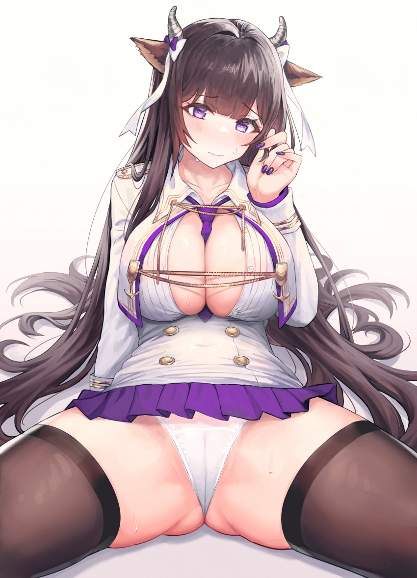 1girl absurdres animal_ears azur_lane bangs between_breasts black_legwear blunt_bangs blush bow breasts brown_hair cameltoe cleavage closed_mouth collarbone commentary cow_ears cow_horns eyebrows_visible_through_hair hair_ribbon hand_up heart heart-shaped_pupils highres horns kashino_(azur_lane) long_hair long_sleeves looking_at_viewer microskirt mochirong nail_polish necktie necktie_between_breasts panties pleated_skirt purple_bow purple_eyes purple_nails purple_neckwear purple_skirt raised_eyebrows ribbon sitting skindentation skirt solo spread_legs sweat symbol-shaped_pupils tareme thighhighs thighs underwear very_long_hair white_background white_panties white_ribbon
