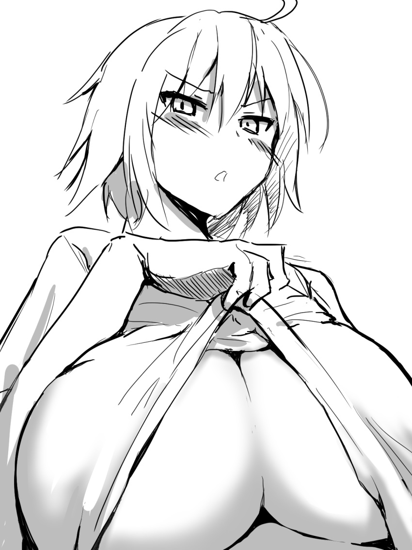1girl ahoge bangs blush breasts cleavage copyright_request eyebrows_visible_through_hair greyscale highres huge_breasts lifted_by_self monochrome open_mouth shirt_lift simple_background solo tomato_rice underboob upper_body white_background