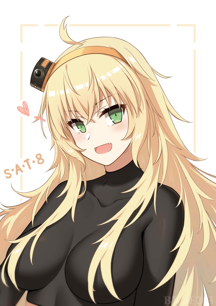 1girl absurdres ahoge blonde_hair breasts girls_frontline green_eyes hat heart highres jiafei2o3 large_breasts long_hair looking_at_viewer messy_hair open_mouth s.a.t.8_(girls_frontline) smile solo white_background