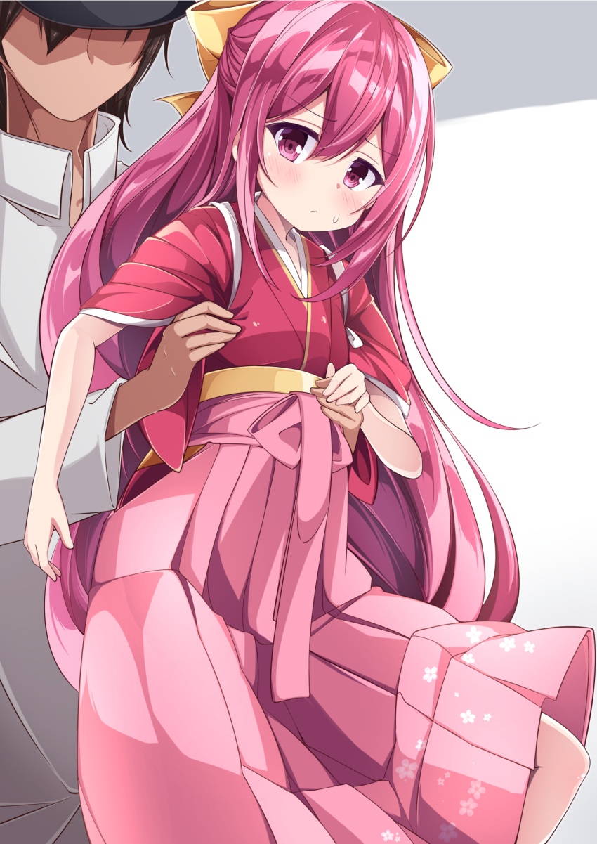 1boy 1girl acchii_(akina) admiral_(kantai_collection) bow commentary_request cowboy_shot faceless faceless_male hakama highres japanese_clothes kamikaze_(kantai_collection) kantai_collection kimono lifting long_hair meiji_schoolgirl_uniform pink_hakama purple_hair red_eyes red_kimono tasuki yellow_bow