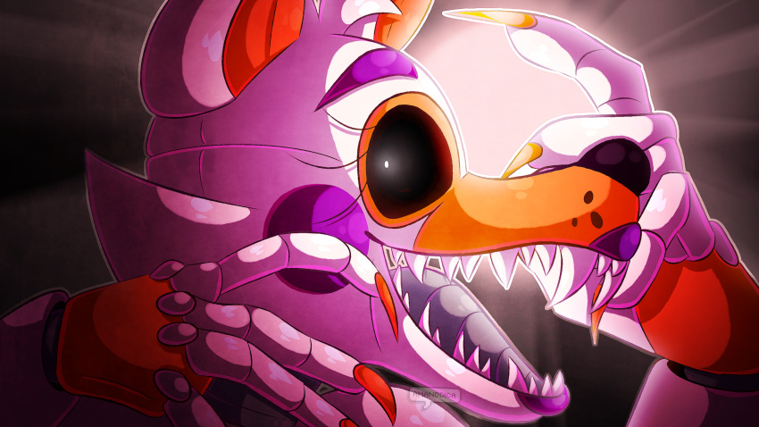 2019 5_fingers amanddica ambiguous_gender animatronic anthro black_sclera canid canine claws eyebrows eyelashes fingers five_nights_at_freddy's five_nights_at_freddy's_world fox hi_res lips lolbit_(fnaf) machine mammal open_mouth orange_body orange_claws orange_inner_ear purple_body purple_cheeks robot sharp_teeth sister_location solo teeth tongue video_games white_body white_eyes