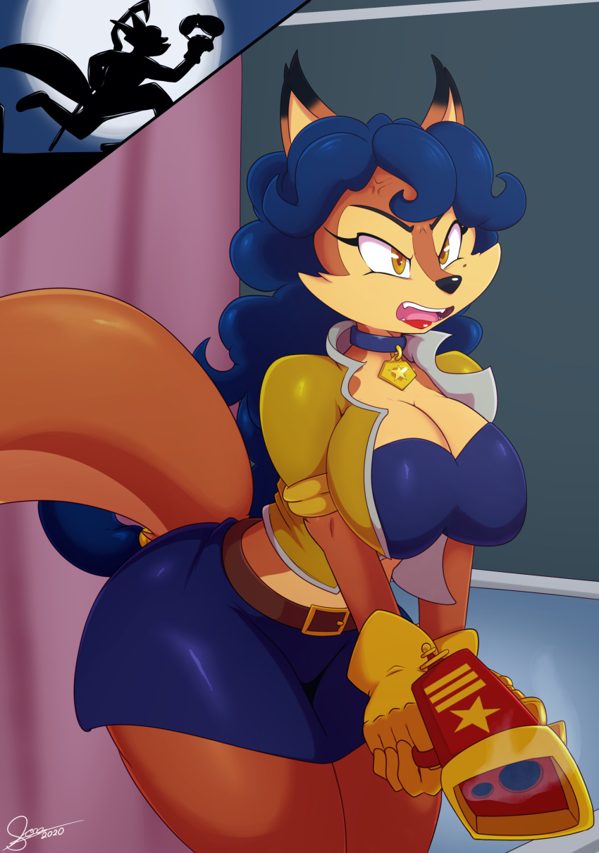 absurd_res anthro belt big_breasts bigdon1992 black_body black_ears black_fur black_nose blue_bottomwear blue_clothing blue_hair blue_skirt bottomwear breasts canid canine carmelita_fox cleavage clothed clothing collar cross-popping_vein digital_media_(artwork) duo female fur gloves gun hair handwear hi_res holding_gun holding_object holding_weapon lips male mammal multicolored_ears patreon pink_tongue procyonid raccoon ranged_weapon red_lips skirt sly_cooper sly_cooper_(series) solo_focus sony_corporation sony_interactive_entertainment sucker_punch_productions teeth tongue vein video_games weapon