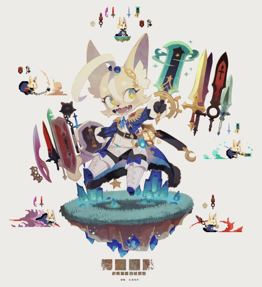 1boy ahoge attack blonde_hair bow cape crystal fangs fur furry grass ground hair_ornament multiple_views multiple_weapons necktie open_mouth original pixel_art rikose shield simple_background star-shaped_pupils star_(symbol) sword symbol-shaped_pupils teeth weapon