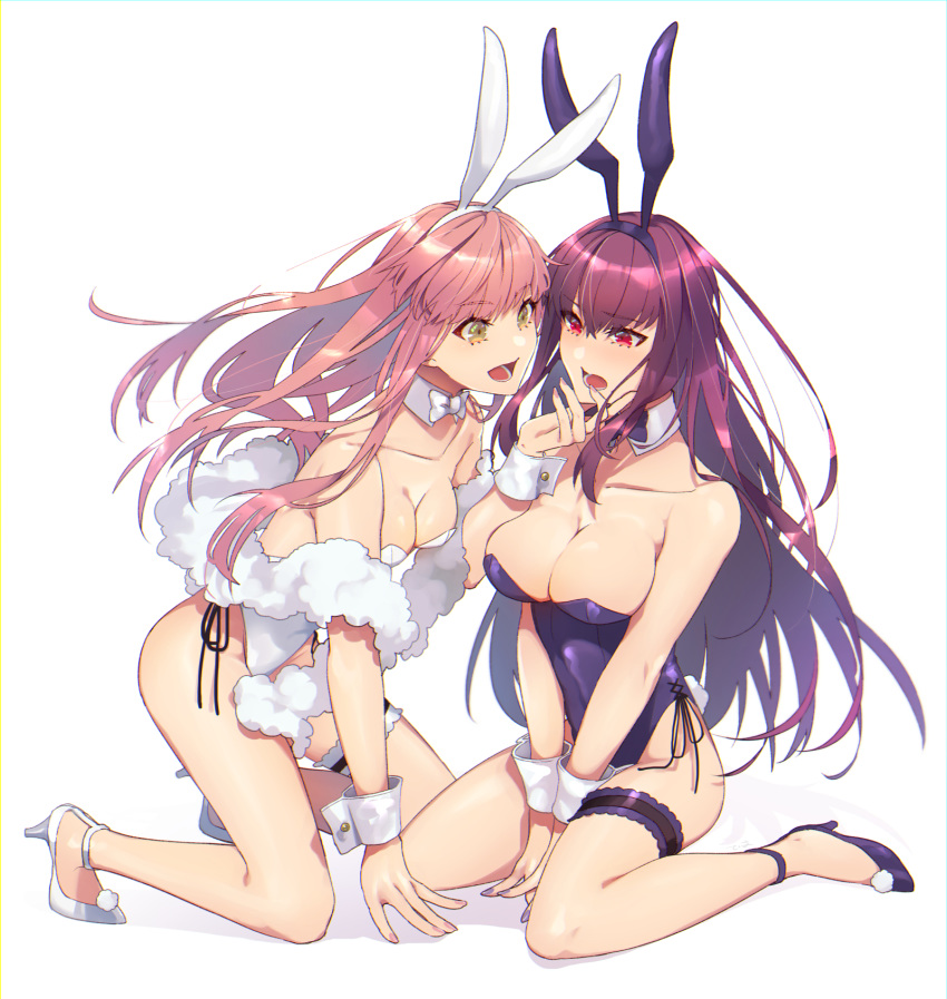 2girls animal_ears blush bow bowtie breasts bunny_ears bunny_girl bunny_tail bunnysuit cleavage collarbone detached_collar fake_animal_ears fake_tail fate/grand_order fate_(series) fluffy high_heels highres holding_another's_head kneeling large_breasts leg_garter leotard medb_(fate)_(all) medb_(fate/grand_order) medium_breasts multiple_girls open_mouth pink_hair scathach_(fate)_(all) simple_background strapless strapless_leotard tail tia_(cocorosso) white_background wrist_cuffs yellow_eyes