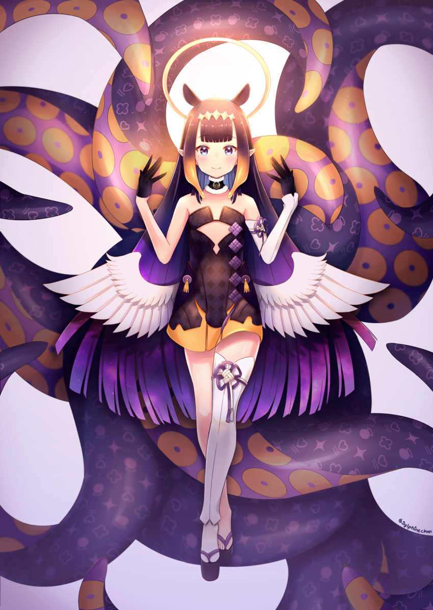 1girl angel_wings bangs bare_arms bare_shoulders black_choker black_dress black_gloves black_hair blue_eyes blunt_bangs blush choker closed_mouth crossed_legs detached_sleeves dress flat_chest full_body fur-trimmed_choker gloves gradient_hair hair_ornament half_gloves halo highres hime_cut hololive hololive_english long_hair looking_at_viewer low_wings mole mole_under_eye multicolored_hair ninomae_ina'nis okobo pointy_ears purple_hair sandals short_dress sidelocks single_detached_sleeve single_thighhigh sleeveless smile solo standing strapless strapless_dress sylphine tentacle_hair tentacles thighhighs tube_dress twitter_username virtual_youtuber w_arms white_legwear white_sleeves white_wings wings