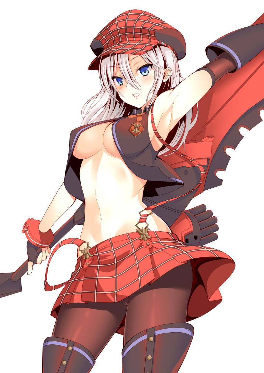 1girl absurdres alisa_ilinichina_amiella arm_up armpits black_gloves black_legwear blue_eyes breasts daive fingerless_gloves gloves god_eater hair_between_eyes hat highres long_hair looking_at_viewer medium_breasts navel pantyhose red_headwear red_skirt simple_background skirt solo suspenders thighhighs underboob white_background white_hair