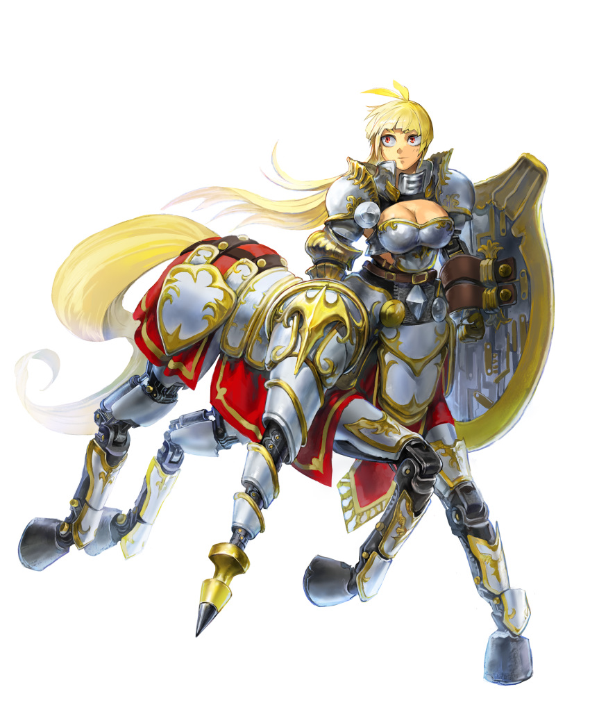 1girl android antenna_hair armor bangs barding blonde_hair blunt_bangs breastplate breasts centaur chainmail cleavage commentary_request commission full_armor full_body gauntlets highres holding holding_lance holding_polearm holding_shield holding_weapon hooves horse_tail knight lance large_breasts level-00 long_hair looking_up mechanical_parts multiple_legs original polearm red_eyes shield shin_guards shoulder_armor sidelocks simple_background smile solo spaulders standing tail thick_eyebrows weapon white_background