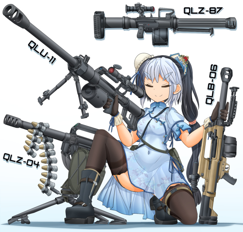 1girl ammunition_belt bangs black_footwear black_gloves black_hair black_legwear blue_dress blue_hair boots bun_cover china_dress chinese_clothes closed_mouth combat_boots commentary_request covered_navel dress facing_viewer floral_print garter_straps gloves grenade_launcher gun hair_bun hair_ornament harness high_collar highres holding holding_weapon long_hair low-tied_long_hair mikeran_(mikelan) multicolored_hair one_knee original pouch print_dress qlb-06 qlu-11 qlz-04 qlz-87 scope shadow short_dress short_sleeves side_ponytail side_slit smile smug solo thick_eyebrows thighhighs tripod two-tone_hair v-shaped_eyebrows weapon white_background