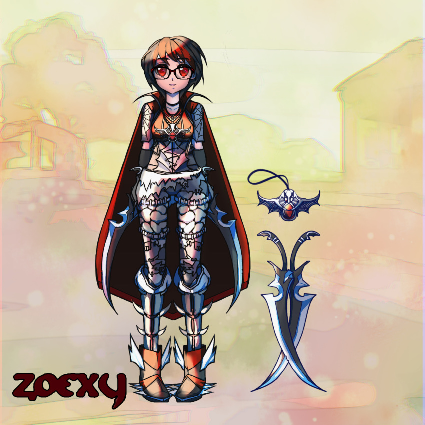 1:1 cloak clothing dagger eyewear female footwear glasses grey_body grey_skin hair hi_res human human_only humanoid jewelry mammal melee_weapon metamorphosis necklace not_furry red_eyes red_hair runescape shoes solo weapon zoexy