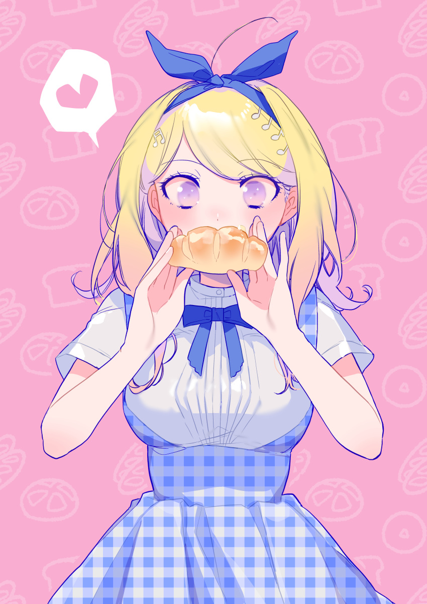 1girl absurdres ahoge akamatsu_kaede alternate_costume bare_arms blonde_hair blue_bow blue_dress blue_neckwear bow bread breasts check_commentary commentary_request cowboy_shot croissant danganronpa dot_nose dress eyebrows_visible_through_hair food gingham gingham_dress hair_bow hair_ribbon heart highres holding holding_food medium_breasts musical_note musical_note_hair_ornament new_danganronpa_v3 patterned_background pinafore_dress pink_background purple_eyes ribbon shirt short_hair short_sleeves solo spoken_heart undershirt white_shirt zang_li