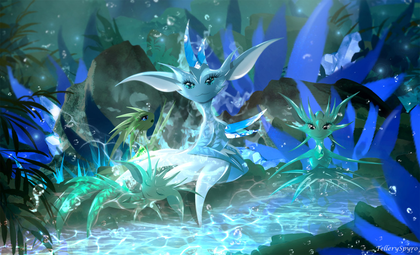 2020 blue_eyes detailed_background eyelashes eyes_closed female feral group heralds_of_the_avirentes hi_res male open_mouth outside psionic_ahnor_(heralds_of_the_avirentes) smile telleryspyro video_games water