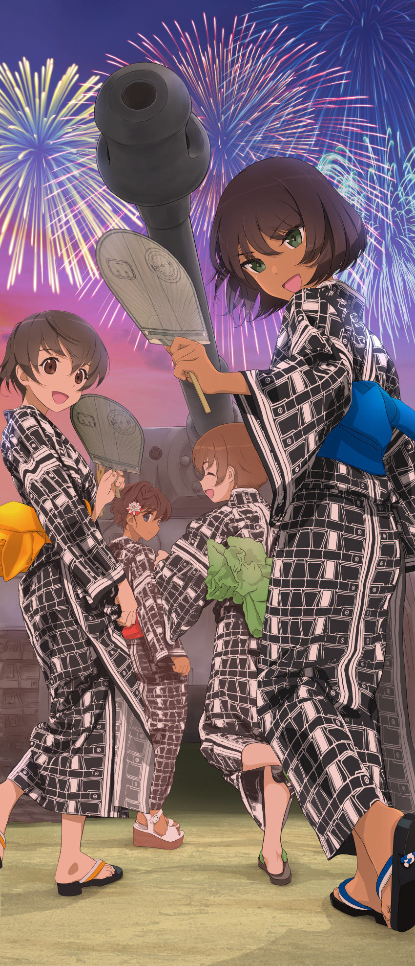 4girls :d absurdres akagi_(fmttps) alternate_costume alternate_hairstyle bangs black_footwear black_kimono blue_eyes brown_eyes brown_hair caterpillar_tracks closed_eyes dark_skin fan fireworks flower freckles girls_und_panzer green_eyes ground_vehicle hair_flower hair_ornament highres holding holding_fan hoshino_(girls_und_panzer) japanese_clothes kimono long_sleeves looking_at_another looking_at_viewer military military_vehicle motor_vehicle multiple_girls nakajima_(girls_und_panzer) obi open_mouth outdoors paper_fan print_kimono purple_sky running sandals sash short_hair smile standing suzuki_(girls_und_panzer) tank tied_hair tiger_(p) tsuchiya_(girls_und_panzer) twilight uchiwa white_footwear wide-eyed yukata