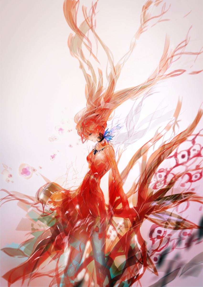 1girl breasts cleavage cowboy_shot dress floating_hair highres original profile red_dress red_hair solo umishima_senbon white_background