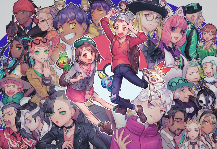 6+boys 6+girls ahoge allister_(pokemon) artist_name asymmetrical_bangs avery_(pokemon) backpack bag bangs baseball_cap bea_(pokemon) beanie bede_(pokemon) beige_headwear black_hair black_hairband black_headwear black_hoodie black_jacket black_neckwear blonde_hair bob_cut boots bow_hairband brown_backpack brown_eyes brown_footwear brown_hair buttons cable_knit cardigan coat collared_dress collared_shirt commentary_request cravat curly_hair dark_skin dark_skinned_male denim dress dynamax_band earrings eyeshadow eyewear_on_head facial_hair freckles fur_jacket fur_trim galar_mother gen_8_pokemon glasses gloria_(pokemon) gordie_(pokemon) green_eyes green_headwear green_legwear grey_cardigan grey_eyes grey_hair grey_headwear grookey gym_leader hair_between_eyes hair_ribbon hairband hat highres holding holding_poke_ball honey_(pokemon) hooded_cardigan hoop_earrings hop_(pokemon) jacket jeans jewelry kabu_(pokemon) klara_(pokemon) leon_(pokemon) long_hair magnolia_(pokemon) makeup marnie_(pokemon) mask mature melony_(pokemon) milo_(pokemon) mole mole_under_mouth multicolored_hair multiple_boys multiple_girls mustard_(pokemon) necktie nessa_(pokemon) old_man old_woman oleana_(pokemon) opal_(pokemon) open_mouth orange_hair pants piers_(pokemon) pink_dress pink_eyeshadow pink_hair pink_lips plaid plaid_legwear poke_ball poke_ball_(basic) pokemon pokemon_(creature) pokemon_(game) pokemon_swsh popped_collar purple_eyes purple_eyeshadow purple_hair raihan_(pokemon) red_lips red_neckwear red_ribbon red_shirt ribbon rose_(pokemon) round_eyewear sakai_(motomei) scorbunny shielbert_(pokemon) shirt shoes short_hair short_sleeves siblings side_ponytail sleeves_rolled_up smile sobble socks sonia_(pokemon) sordward_(pokemon) starter_pokemon_trio suitcase sun_hat sunglasses swept_bangs tam_o'_shanter teeth top_hat torn_clothes torn_jeans torn_pants towel towel_around_neck two-tone_hair victor_(pokemon) white_coat white_hair white_headwear white_jacket white_shirt