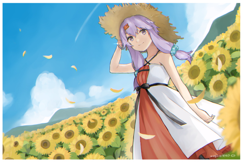 1girl bare_shoulders binchou_maguro blue_sky bracelet cloud commentary condensation_trail day dress dutch_angle falling_petals feet_out_of_frame field flower flower_field glint hair_ornament hair_scrunchie hairclip hat jewelry light_smile looking_at_viewer mountainous_horizon okhotsk_yukari outdoors purple_hair scrunchie short_hair_with_long_locks sidelocks sky solo standing straw_hat sunflower vocaloid voiceroid white_dress yuzuki_yukari