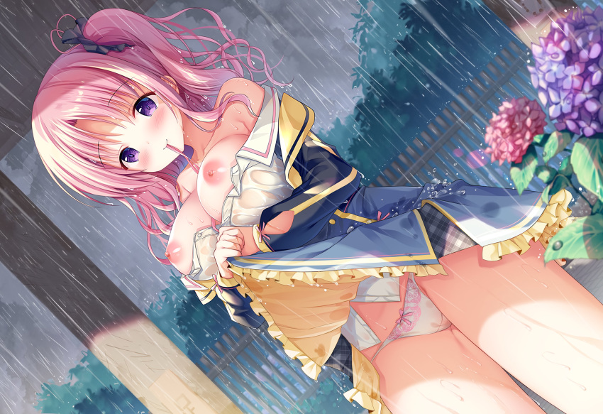 blush breasts nipples no_bra open_shirt original panties pink_hair purple_eyes rain skirt skirt_lift sousouman underwear water wet