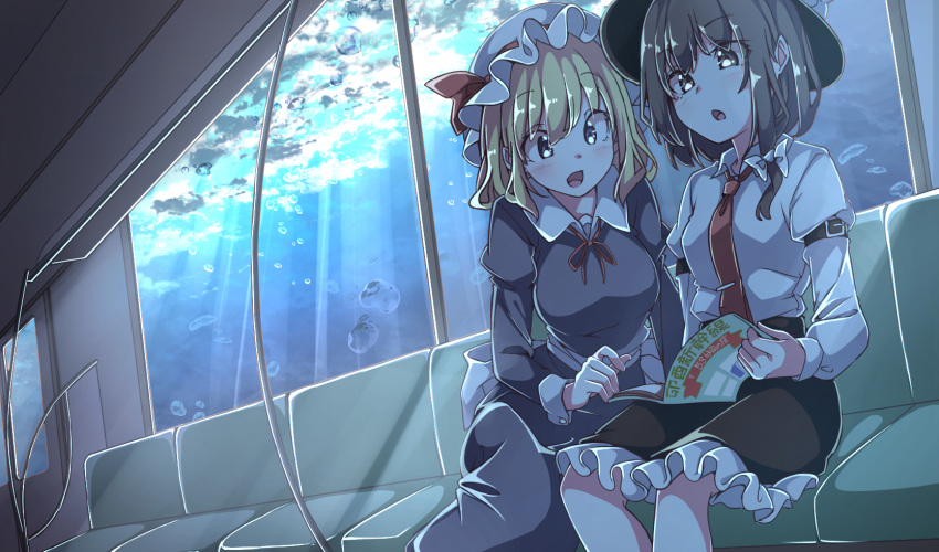 2girls back_bow bangs black_headwear black_skirt blonde_hair blue_dress blush bow breasts brown_hair bubble commentary_request dress feet_out_of_frame frilled_skirt frills gokuu_(acoloredpencil) hair_bow hat hat_ribbon highres holding long_sleeves maribel_hearn medium_breasts mob_cap multiple_girls neck_ribbon necktie open_mouth reading red_neckwear red_ribbon retrospective_53_minutes ribbon shirt short_hair_with_long_locks skirt tie_clip touhou train_interior translation_request usami_renko white_bow white_headwear white_shirt