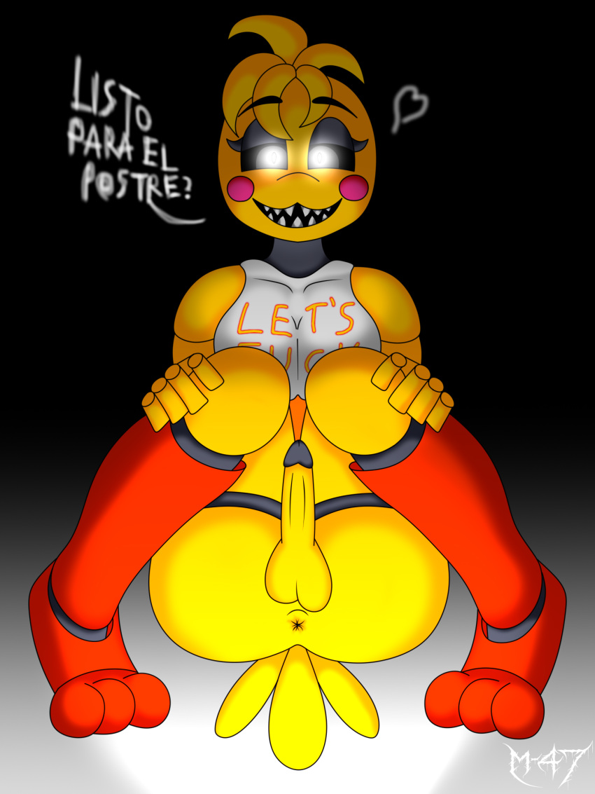 3:4 animatronic anthro anus avian balls bird bottomless breasts chicken clothed clothing five_nights_at_freddy's five_nights_at_freddy's_2 galliform gallus_(genus) genitals gynomorph hi_res intersex m-47 machine metal_penis non-mammal_breasts penis phasianid robot solo toy_chica_(fnaf) video_games