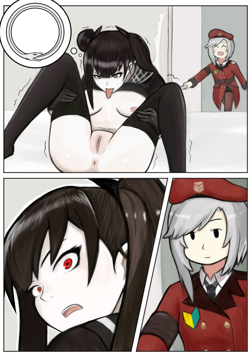 2girls absurdres anus attempted_autocunnilingus breasts caught cellix1 commander_(girls_frontline) expressionless female_commander_(girls_frontline) girls_frontline highres medium_breasts multiple_girls ouroboros ouroboros_(girls_frontline) partially_undressed pussy red_eyes sangvis_ferri walk-in