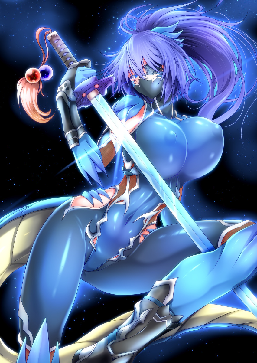 1girl absurdres aura blue_eyes bodysuit breasts covered_navel covered_nipples dragon_girl eyepatch g_(desukingu) highres holding holding_sword holding_weapon huge_breasts impossible_bodysuit impossible_clothes leotard long_hair looking_at_viewer mask monster_girl mouth_mask ninja original ponytail purple_hair shiny shiny_clothes skin_tight solo sword tail taimanin_suit weapon