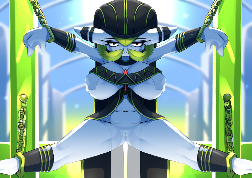 2020 absurd_res ashraely bdsm big_breasts blush bondage bound breasts chain chained clothing curvy_figure digital_media_(artwork) egyptian female gardevoir genitals hi_res humanoid jewelry looking_at_viewer nintendo not_furry pok&eacute;mon pok&eacute;mon_(species) pose pussy red_eyes simple_background solo thick_thighs video_games voluptuous wide_hips