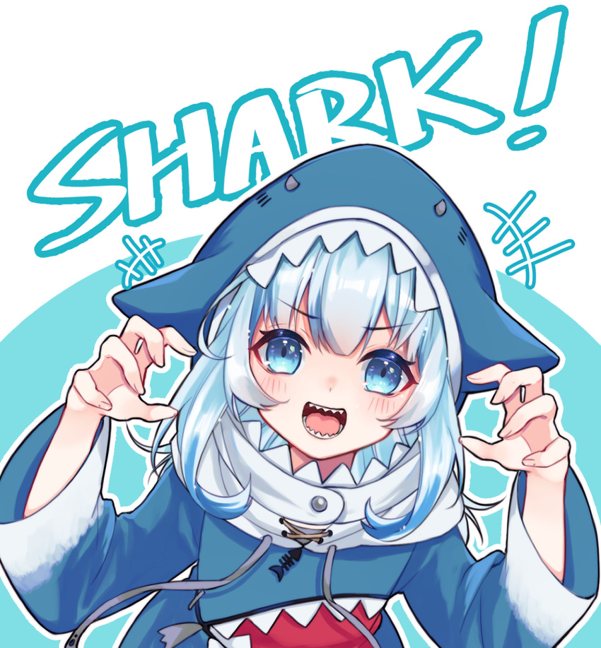 +++ 1girl :d animal_hood bangs blue_eyes blue_hair eyebrows_visible_through_hair fingernails fish_bone gawr_gura hands_up highres hololive hololive_english hood long_sleeves looking_at_viewer medium_hair multicolored_hair open_mouth outline shark_hood sharp_teeth smile solo streaked_hair teeth two-tone_hair upper_body usagi_(cecilia) v-shaped_eyebrows virtual_youtuber white_outline