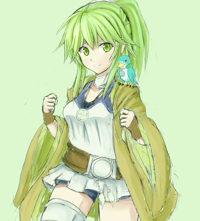 1girl animal_on_shoulder belt bird bird_on_shoulder breasts camisole clenched_hands collar duel_monster fingerless_gloves gloves green_background green_eyes green_hair gusto_gulldo hands_up highres jewelry kenn long_hair medium_breasts necklace open_clothes open_robe ponytail robe shorts simple_background sketch smile undershirt white_camisole wide_sleeves winda_priestess_of_gusto yuu-gi-ou