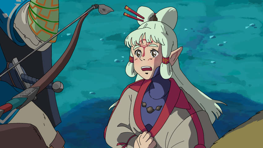 1boy 1girl blush bow_(weapon) brown_eyes chopsticks comfycorduroy facial_mark forehead_mark hair_ornament hair_stick hair_tubes highres link long_hair mononoke_hime open_mouth parody paya_(zelda) pointy_ears sheikah studio_ghibli studio_ghibli_(style) style_parody sword the_legend_of_zelda the_legend_of_zelda:_breath_of_the_wild updo upper_body weapon white_hair