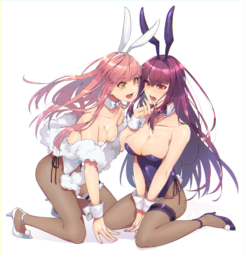 2girls absurdres animal_ears blush bow bowtie breasts bunny_ears bunny_girl bunny_tail bunnysuit cleavage collarbone detached_collar fake_animal_ears fake_tail fate/grand_order fate_(series) fishnet_legwear fishnets fluffy high_heels highres holding_another's_head kneeling large_breasts leg_garter leotard medb_(fate)_(all) medb_(fate/grand_order) medium_breasts multiple_girls open_mouth pantyhose pink_hair scathach_(fate)_(all) scathach_(fate/grand_order) simple_background strapless strapless_leotard tail tia_(cocorosso) white_background wrist_cuffs yellow_eyes