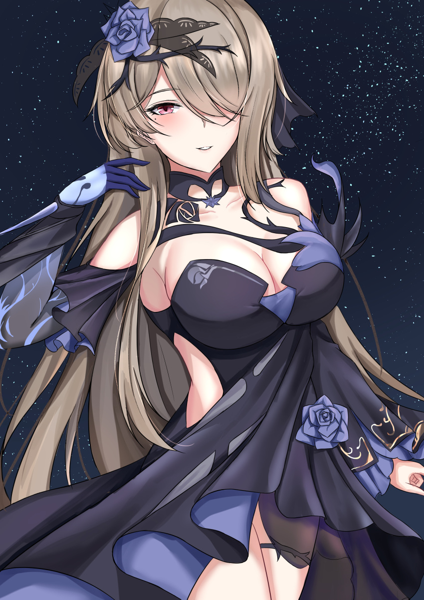 1girl absurdres blue_flower blue_rose blush breasts cleavage commentary cowboy_shot flower gloves hair_flower hair_ornament hair_over_one_eye half-closed_eyes highres honkai_(series) honkai_impact_3rd large_breasts long_hair match_(scp115) mole mole_under_eye night night_sky outdoors platinum_blonde_hair pleated_sleeves red_eyes rita_rossweisse rita_rossweisse_(fallen_rosemary) rose shoulder_cutout side_cutout single_glove sky smile solo standing star_(sky) starry_sky very_long_hair