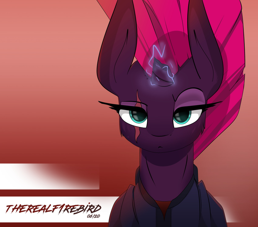 2020 absurd_res armor broken_horn clothed clothed_feral clothing equid equine eyelashes female feral friendship_is_magic fur hasbro hi_res horn looking_at_viewer mammal mane my_little_pony my_little_pony:_the_movie_(2017) pink_mane portrait purple_body purple_fur scar scar_across_eye signature simple_background solo teal_eyes tempest_shadow_(mlp) text therealf1rebird unicorn