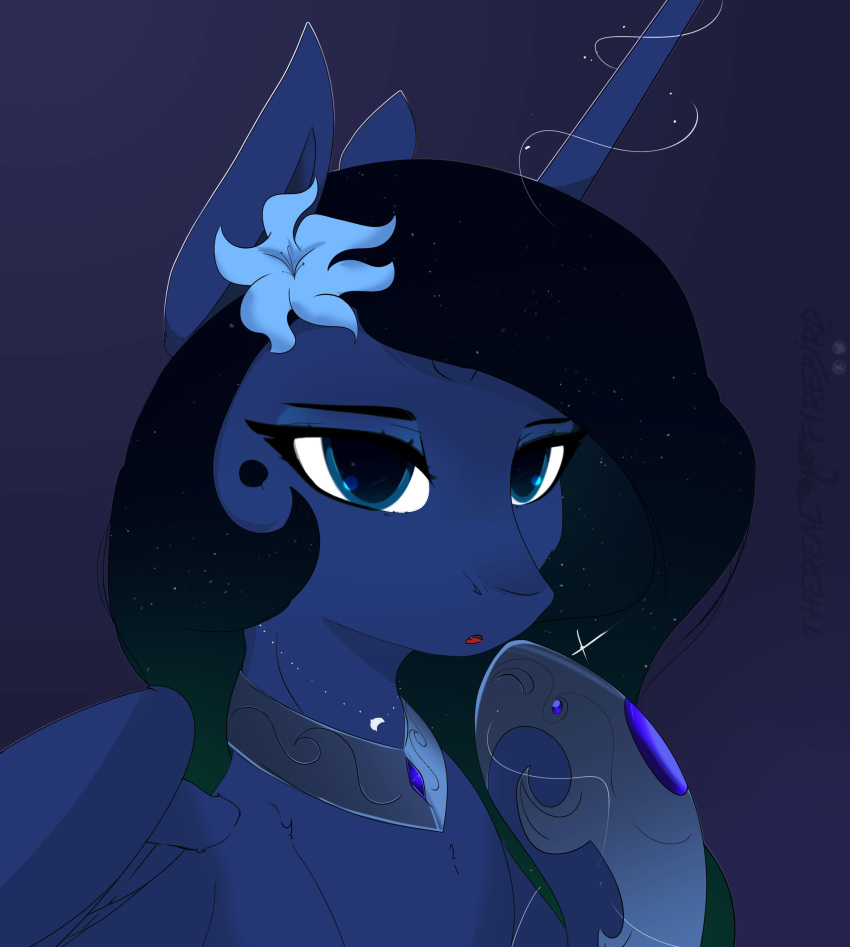 2020 absurd_res accessory black_mane blue_body blue_eyes blue_feathers blue_fur blue_wings equid ethereal_hair ethereal_mane feathered_wings feathers female feral flower flower_in_hair friendship_is_magic fur green_mane hair hair_accessory hasbro hi_res horn mammal mane my_little_pony plant princess_luna_(mlp) pseudo_hair pseudo_mane signature simple_background solo text therealf1rebird winged_unicorn wings