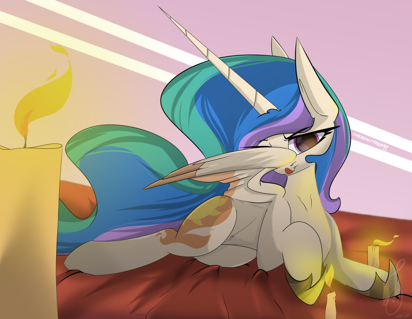 2020 absurd_res bed bedroom_eyes blue_mane blue_tail candle cutie_mark equid eyelashes feathered_wings feathers female feral friendship_is_magic fur furniture green_mane green_tail hasbro hi_res horn looking_at_viewer lying mammal mane multicolored_mane multicolored_tail my_little_pony narrowed_eyes on_bed on_front one_eye_obstructed pink_eyes pink_mane pink_tail princess_celestia_(mlp) seductive signature simple_background solo therealf1rebird tongue tongue_out white_body white_feathers white_fur white_wings winged_unicorn wings