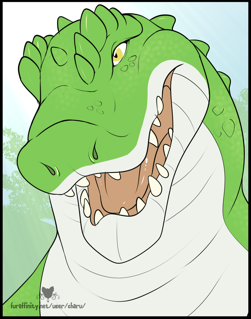 absurd_res alligator alligatorid anthro black_border border charu cregon crocodile crocodilian crocodylid green_body headshot hi_res male reptile scales scalie solo teeth teeth_showing tongue white_body yellow_eyes