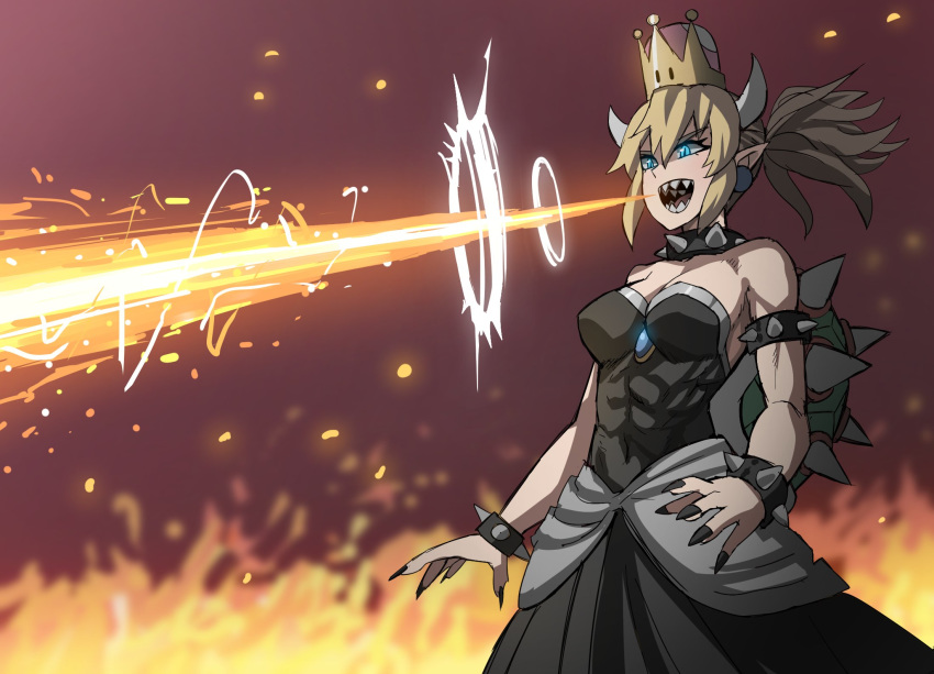 1girl bare_shoulders black_collar black_dress black_nails blonde_hair blue_eyes bowsette bracelet breasts breathing_fire cleavage collar commentary dress fingernails fire highres jewelry jourd4n mario_(series) nail_polish new_super_mario_bros._u_deluxe off-shoulder_dress off_shoulder open_mouth pointy_ears ponytail sharp_fingernails sharp_teeth solo spiked_armlet spiked_bracelet spiked_collar spiked_shell spikes standing super_crown teeth turtle_shell
