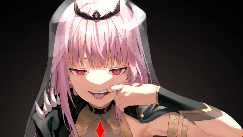 1girl black_background black_cape cape crown ears eyebrows_visible_through_hair highres hololive hololive_english long_hair looking_at_viewer mori_calliope mouth_pull nem_rui pink_hair red_eyes shoulder_spikes solo spikes teeth tongue tongue_out upper_body veil